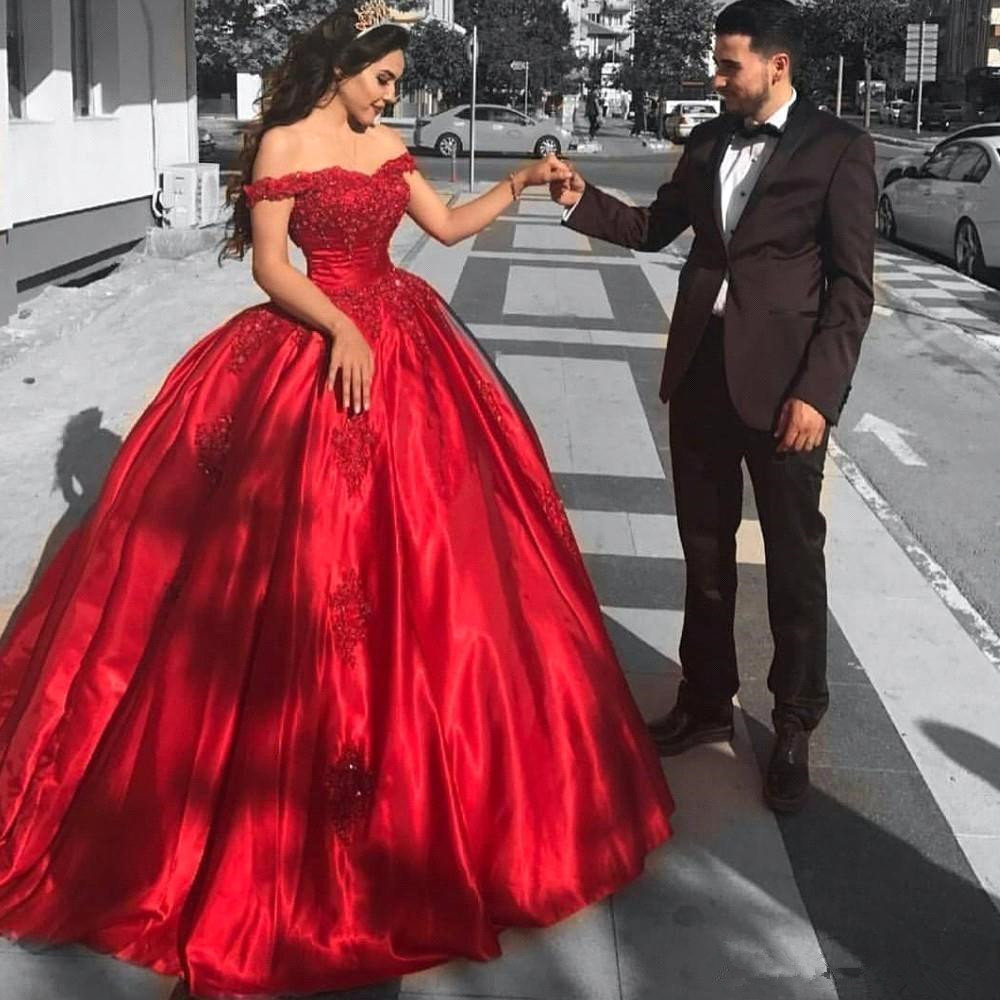 Off-the-Shoulder Ball Gown Red Evening Dress | Lace Prom Dress-newarrivaldress