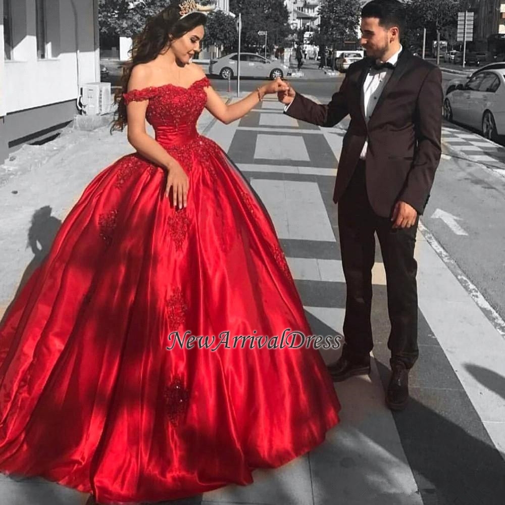 Off-the-Shoulder Ball Gown Red Evening Dress | Lace Prom Dress-newarrivaldress