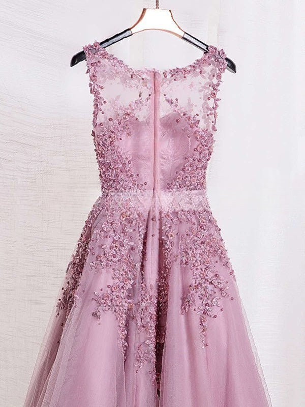 Elegant Crew Tulle A-line Evening Dress with Lace Appliques Floor-Length Formal Dresses-newarrivaldress