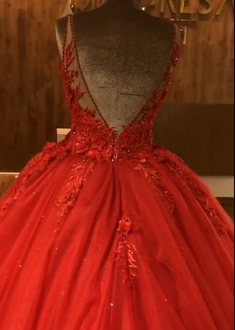 Red Straps Sleeveless Ball Gown Appliques Open Back Prom Dresses with Beading-newarrivaldress