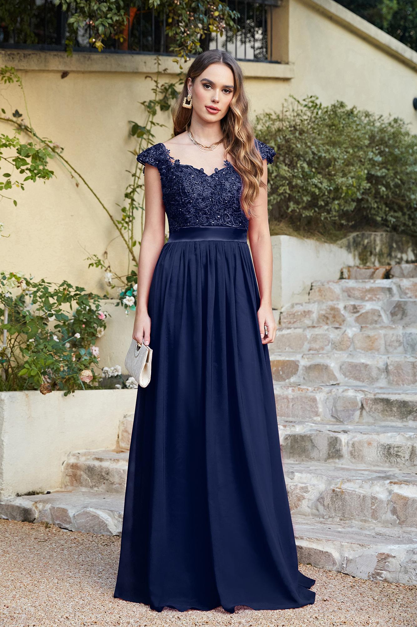 Chic Cap Sleeves Floral Lace Aline Long Evening Dresses Beadings Floor Length Chiffon Bridesmaid Dresses-newarrivaldress
