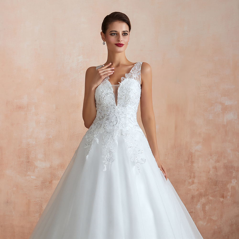 White Floral Lace Wedding Dress V-NeckTulle Aline Bridal Dress-newarrivaldress