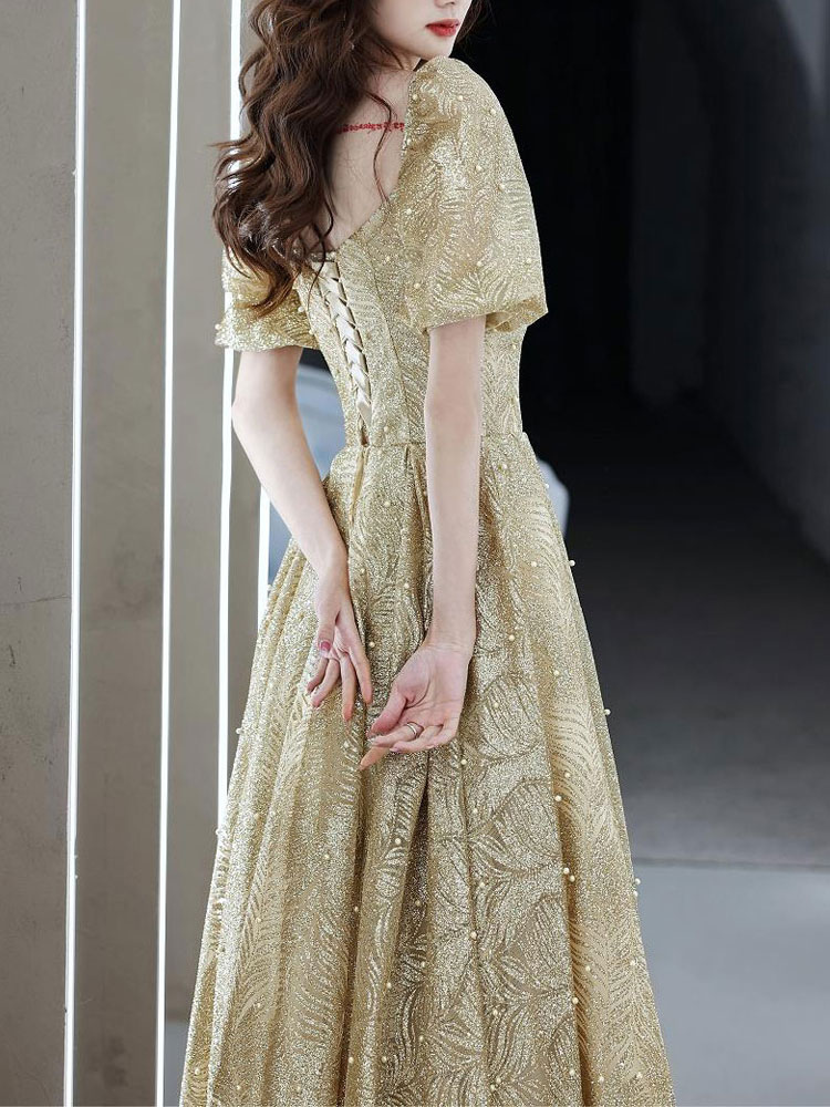 Light Blond Evening Dress A-Line V-Neck Half Sleeves Lace-up Sequined Floor-Length Formal Party Dresses-newarrivaldress