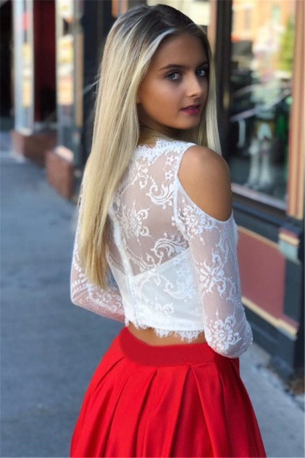Elegant Lace Long-Sleeves A-Line Two-Pieces Prom Dresses-newarrivaldress