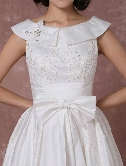 Vintage Wedding Dress Satin Short Bridal Gown Lace Beading Tea Length Reception Bridal Dress Detachable Bow Sash Exclusive-newarrivaldress