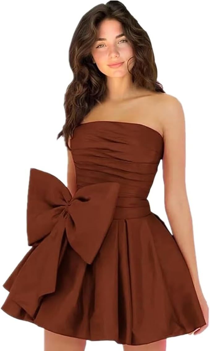Simple Strapless Ruffle Satin Short Homecoming Dress Sleeveless Mini Party Dress with Bow-newarrivaldress