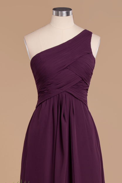 Elegant Ruched Chiffon One Shoulder Bridesmaid Dress Long Sleeveless Evening Dress