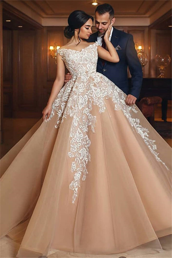 Off The Shoulder Lace Champagne Wedding Dresses | Puffy Tulle Elegant Bridal Gowns Online-newarrivaldress