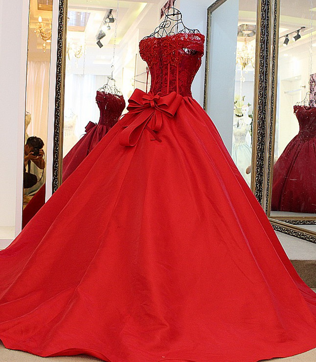 Red Off-the-shoulder Bow Lace-up V-neck Floor Length Evening gown with appliques-newarrivaldress