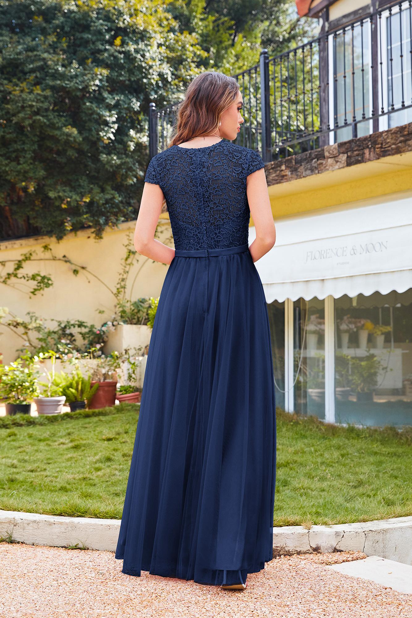Chic Cap Sleeves Illusion Lace Aline Bridesmaid Dress Floor Length Chiffon Evening Dress-newarrivaldress