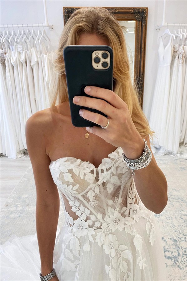 Sweetheart Strapless White Tulle Wedding Dress Lace Aline Bridal Dress-newarrivaldress
