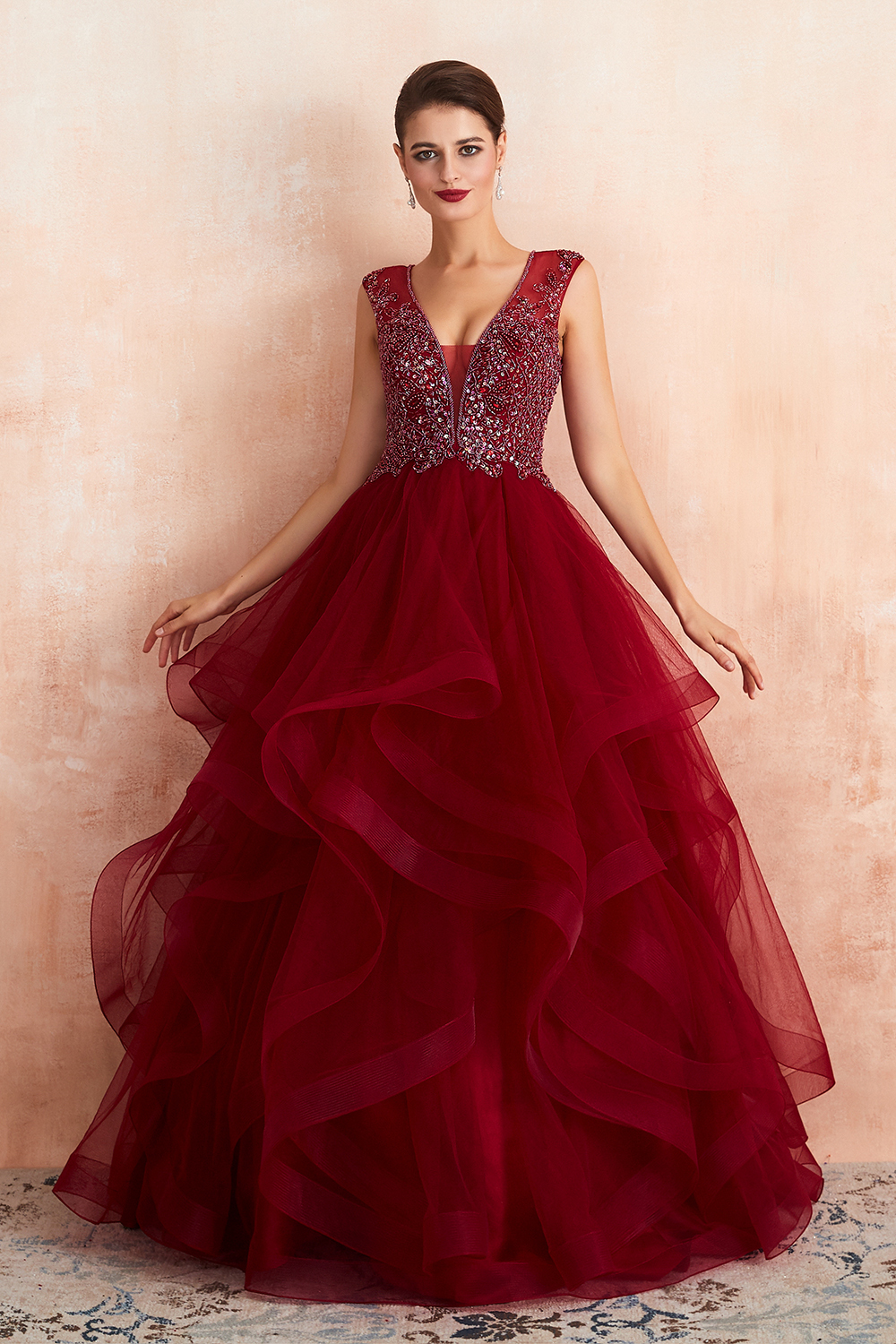 Amazing Deep V-Neck Burgundy Layers Tulle Long Evening Dress Sparkly Beadings Sequins Party Dress-newarrivaldress
