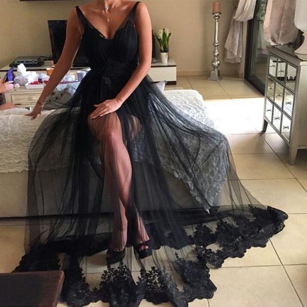 Tulle Long Lace Black Sexy V-Neck Prom Dress | Sheer Prom Dress-newarrivaldress