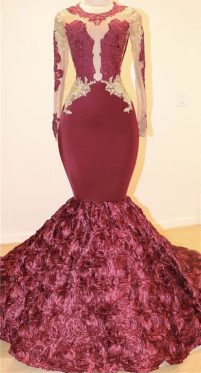 Open Back Gold Lace Burgundy Long Prom Dresses Plus Size | Mermaid Long Sleeve Formal Dresses for Juniors-newarrivaldress