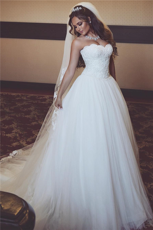 Sexy Sleeveless Tulle Sweetheart New Arrival Lace Gorgeous Long Elegant Wedding Dresses-newarrivaldress