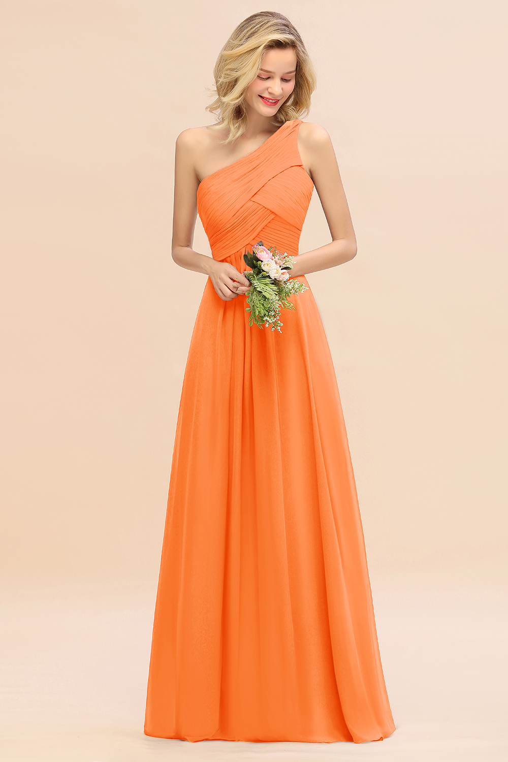 Elegant Ruched Chiffon One Shoulder Bridesmaid Dress Long Sleeveless Evening Dress-newarrivaldress