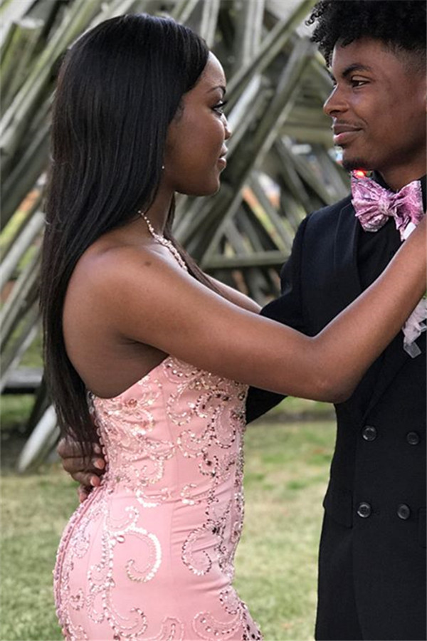 Gorgeous Pink Mermaid Strapless Ruffles Crystal Prom Dresses-newarrivaldress