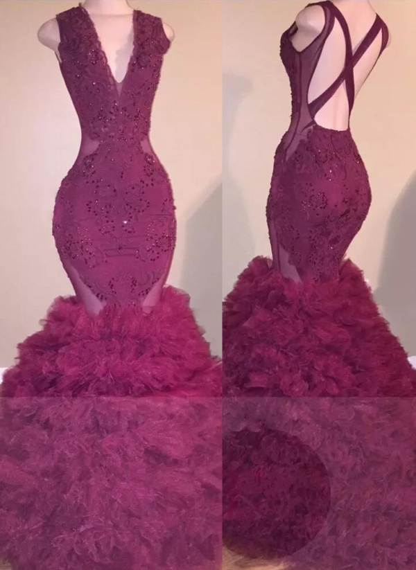 Beaded Mermaid Ruffled Sleeveless Gorgeous Cris-cross Back V-neck Applqiues Prom Dresses-newarrivaldress