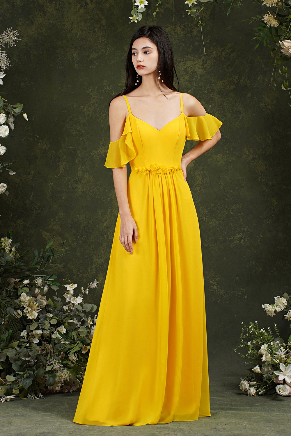 Ruffles Spaghetti Straps Chiffon Bridesmaid Dress Aline Wedding Guest Dress with Pockets-newarrivaldress