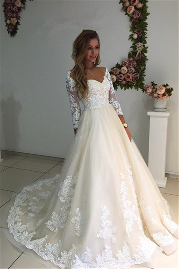 Ivory Backless Long Tulle Appliques New Arrival A-line Lace Sleeves Wedding Dresses-newarrivaldress