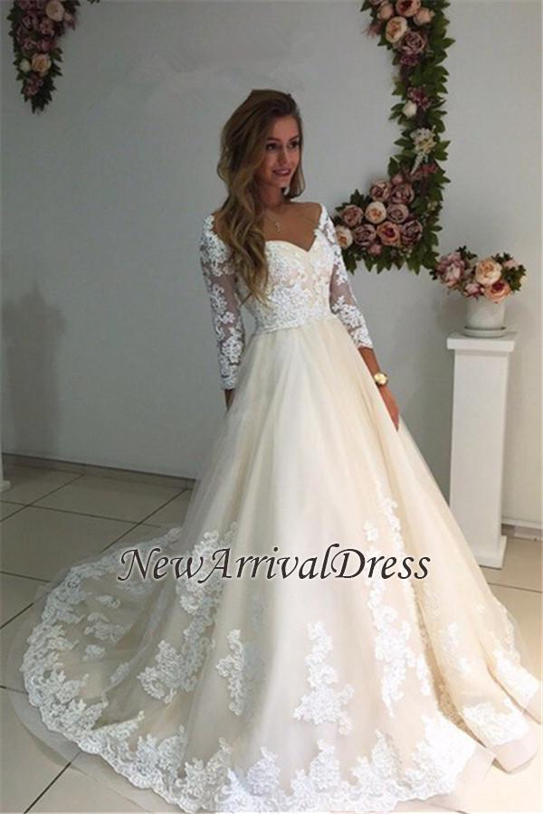 Ivory Backless Long Tulle Appliques New Arrival A-line Lace Sleeves Wedding Dresses-newarrivaldress