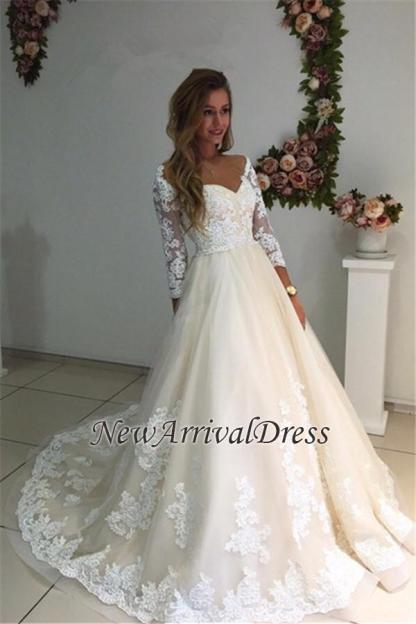 Ivory Backless Long Tulle Appliques New Arrival A-line Lace Sleeves Wedding Dresses-newarrivaldress