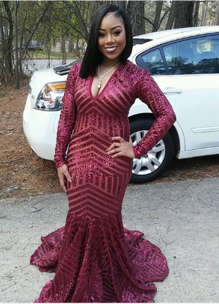 Sexy Sequinned V-neck Long Sleeve Mermaid Sweep Train Prom Dress | Plus Size Dress BA2642-newarrivaldress