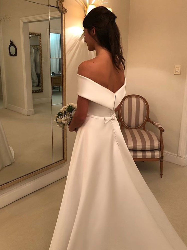 Vintage Wedding Dresses 2021 Off The Shoulder Short Sleeve A Line Satin Traditional Bridal Gowns With Sweep Train-newarrivaldress
