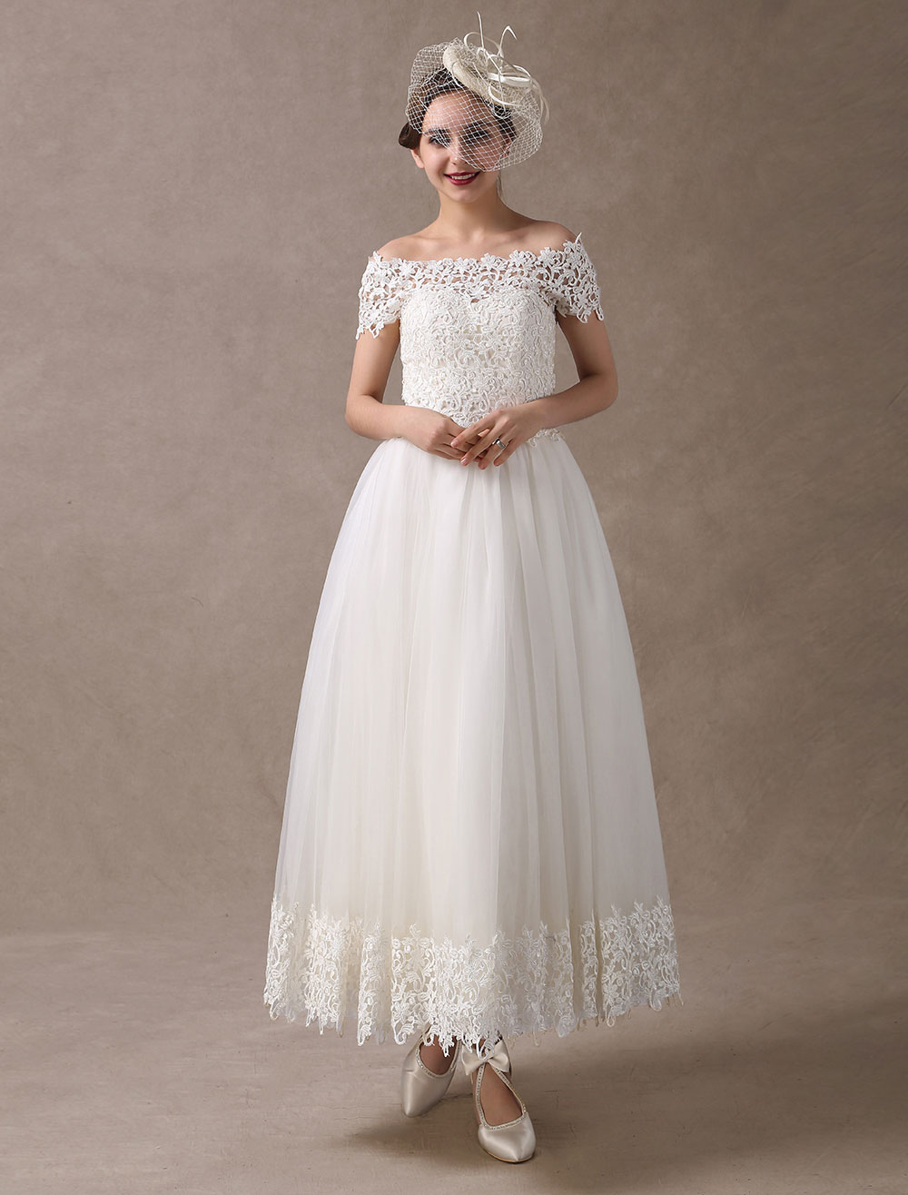 Vintage Wedding Dresses 1950S Off The Shoulder Ivory Lace Short Sleeve Ankle Length Bridal Dress Exclusive-newarrivaldress