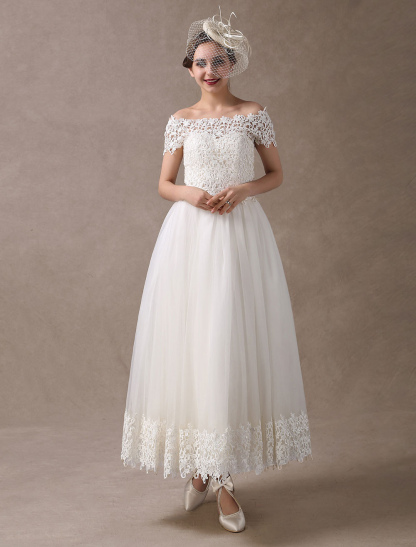 Vintage Wedding Dresses 1950S Off The Shoulder Ivory Lace Short Sleeve Ankle Length Bridal Dress Exclusive-newarrivaldress