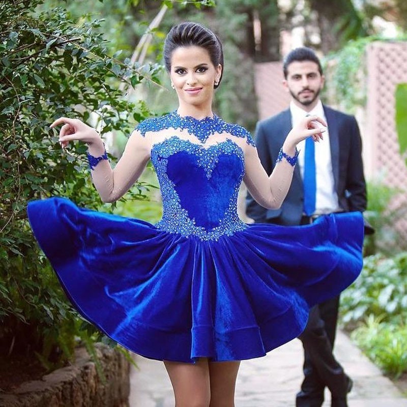 Royal Blue Velvet Beaded Short Homecoming Dresses Sheer Long Sleeves High Neck Cocktail Dresses-newarrivaldress