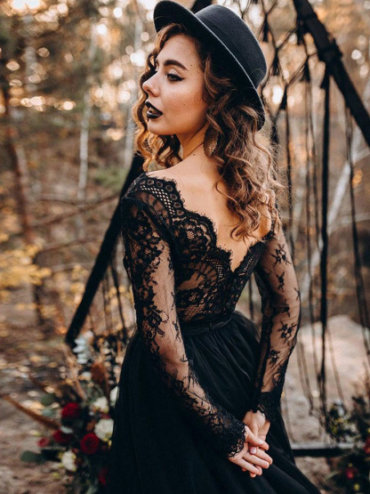 Black Wedding Dresses A-Line Designed Tulle Lace Bridal Gown Long Sleeves-newarrivaldress