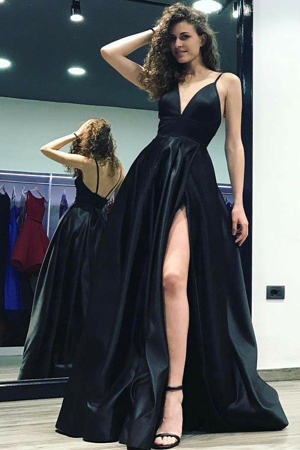 Sexy Black Spaghetti Strap A-line Front Split Prom Dress-newarrivaldress