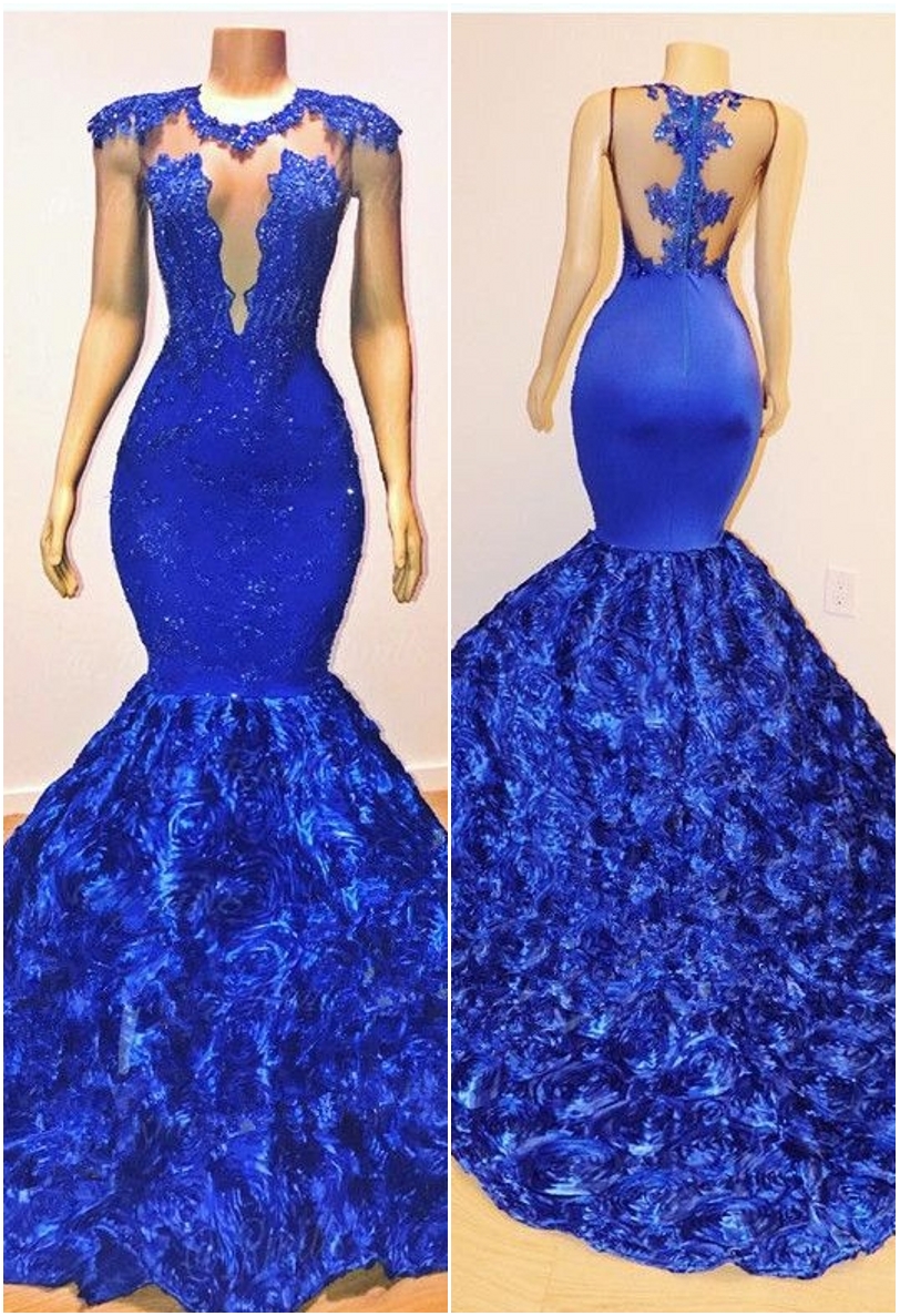 New Arrival Royal Blue Flowers Mermaid Evening Gowns | Glamorous Sleeveless With lace Appliques Long Prom Dresses-newarrivaldress