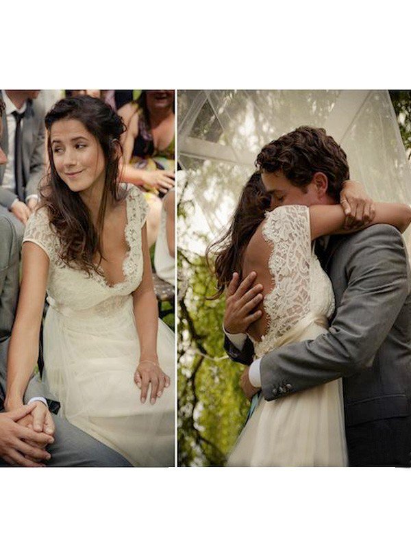 V-neck Sexy Sweep Train Sleeveless Tulle Beading Wedding Dresses-newarrivaldress