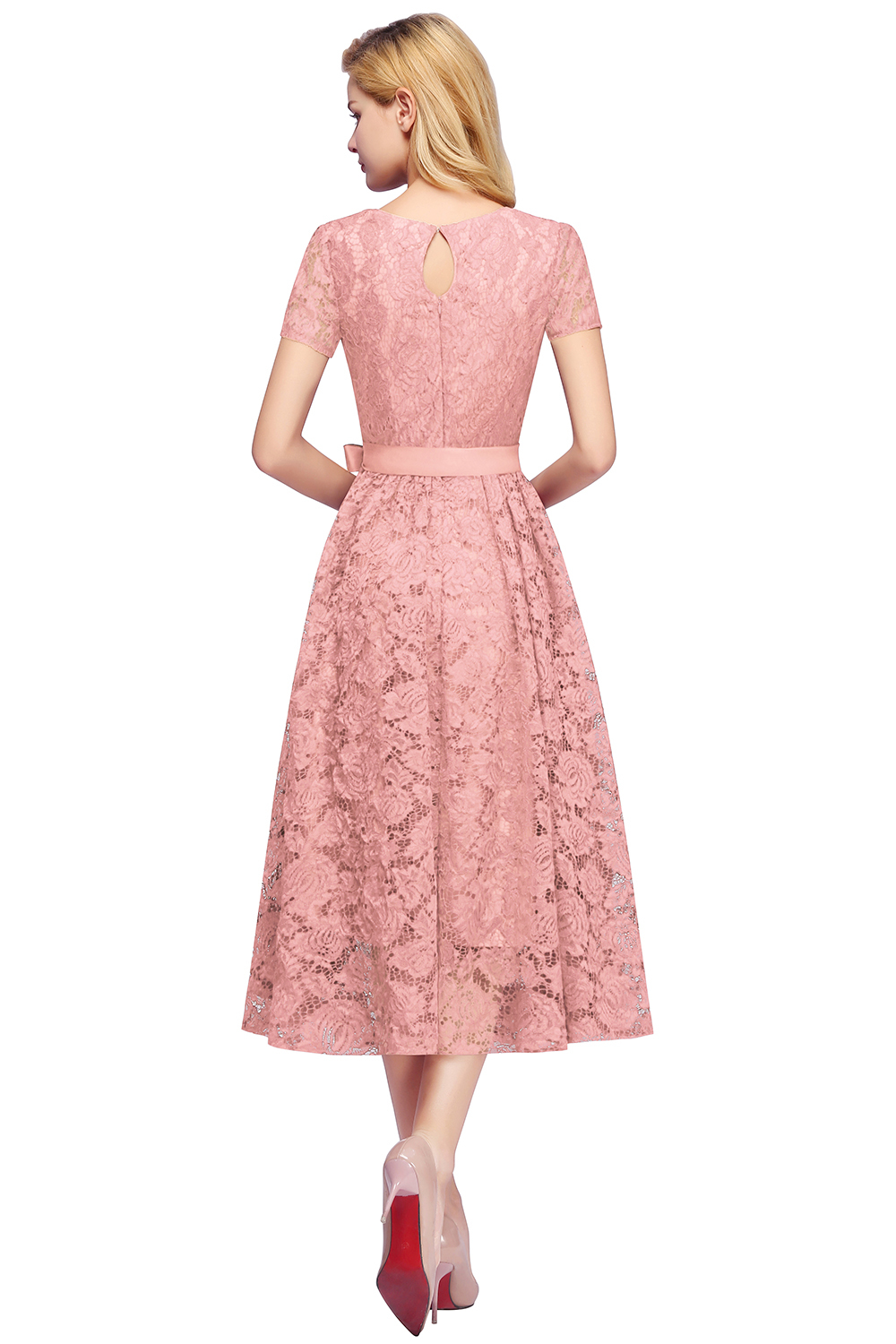 Burgundy Short Sleeves Flower Lace V-neck Dresses with Sash-newarrivaldress