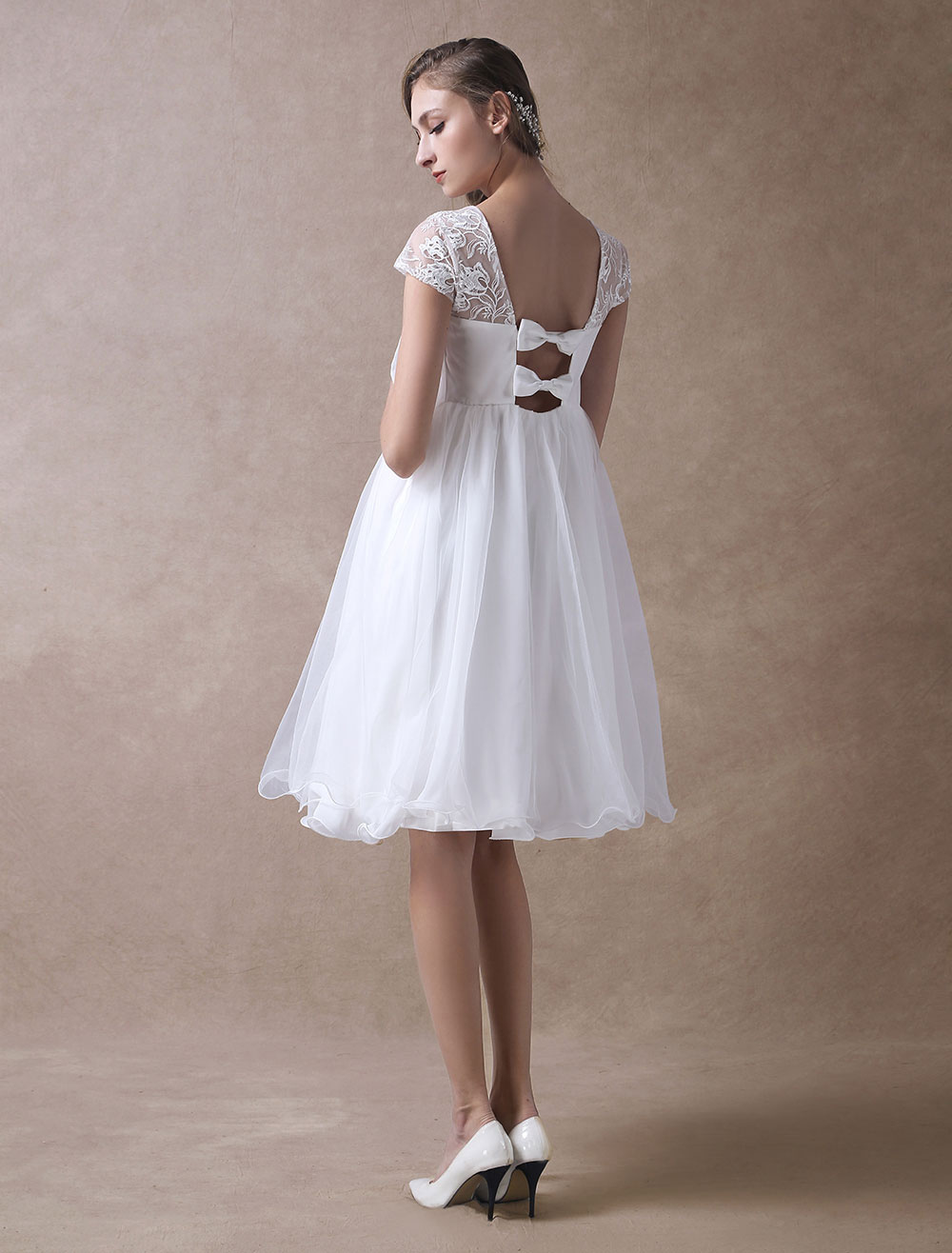 Simple Wedding Dresses Short Empire Waist Lace Tulle Cap Sleeve Pregnant Bridal Dress Exclusive-newarrivaldress