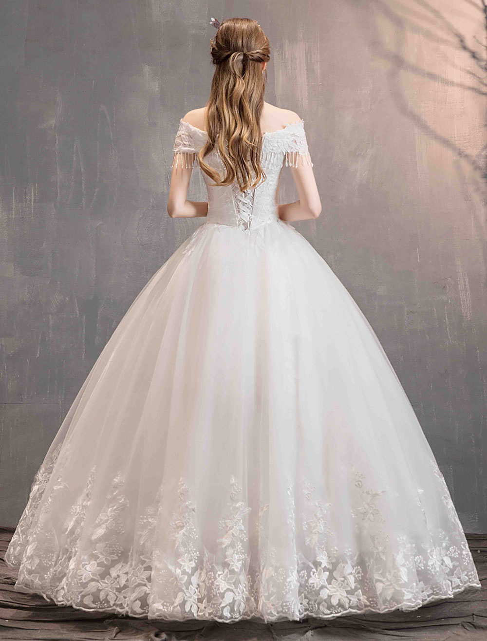 Tulle Wedding Dresses Princess Bridal Gown Off The Shoulder Lace Applique Floor Length Ball Gown Bridal Dress-newarrivaldress