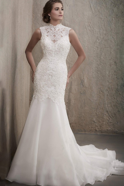 Sleeveless White Floral Lace Tulle Mermaid Wedding Dress Crew Neck Bridal Gown-newarrivaldress