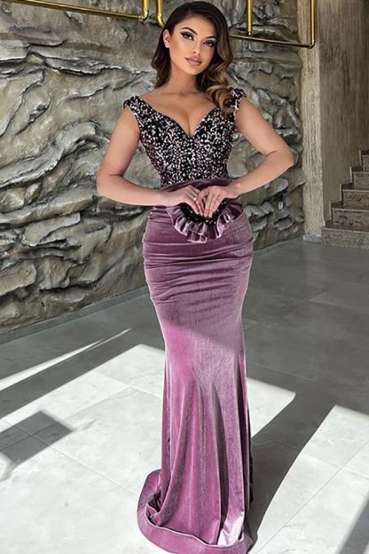 Stunning Velvet Mermaid Prom Dress Cap Sleeves Glitter Beaded Long Party Dress-newarrivaldress