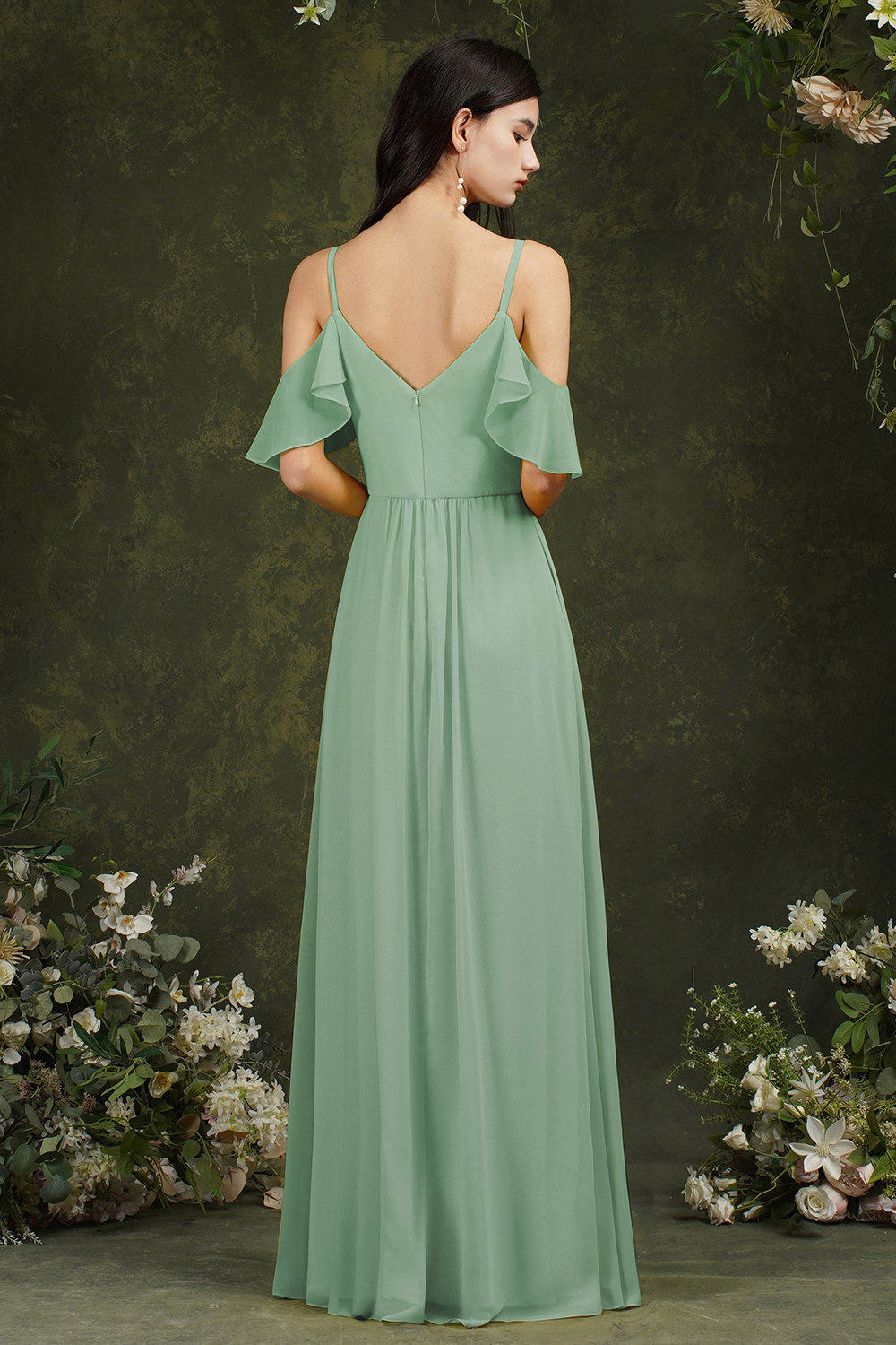 Ruffles Spaghetti Straps Chiffon Bridesmaid Dress Aline Wedding Guest Dress with Pockets-newarrivaldress