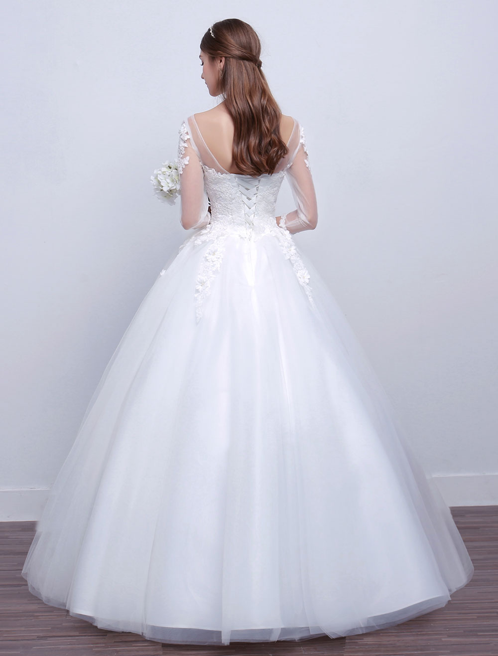 Princess Ball Gown Wedding Dresses Long Sleeve Lace Illusion Ivory Floor Length Bridal Dress-newarrivaldress