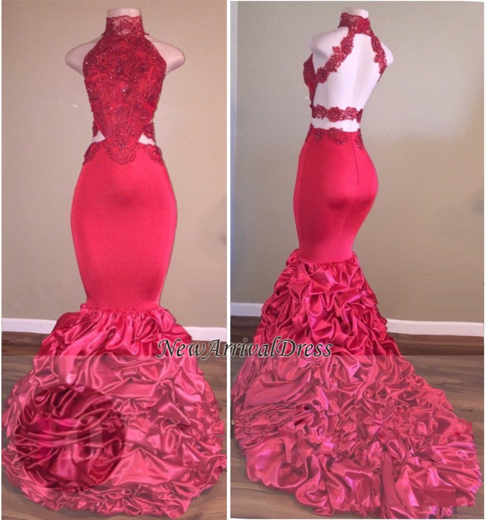 Lace Mermaid Beads Open Back Formal Dresses | High Neck New Arrival Prom Dresses-newarrivaldress