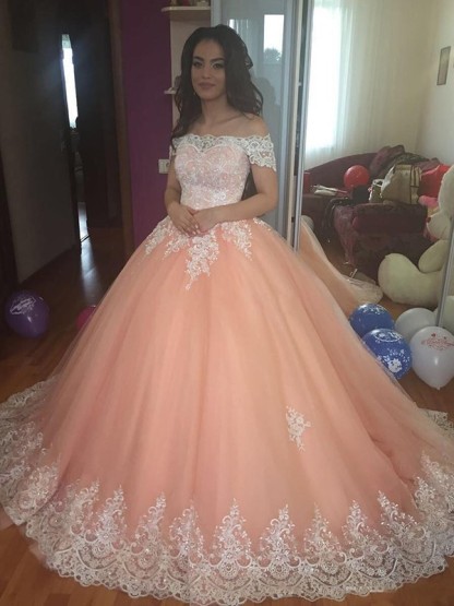 Mordern Off-the-Shoulder Lace Appliques Ball Gown Tulle Sweep Train Prom Dresses-newarrivaldress