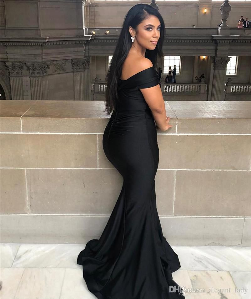Black Off-the-Shoulder Slim Mermaid Party Dress Stretch Satin Prom Dress-newarrivaldress