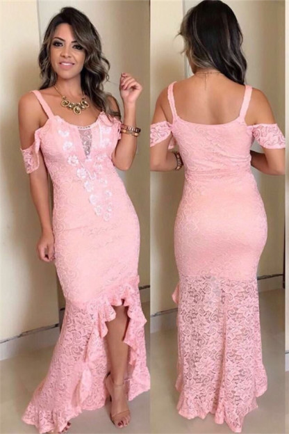Pink Lace Appliques Off-The-Shoulder Hi-Lo Mermaid Prom Dresses-newarrivaldress