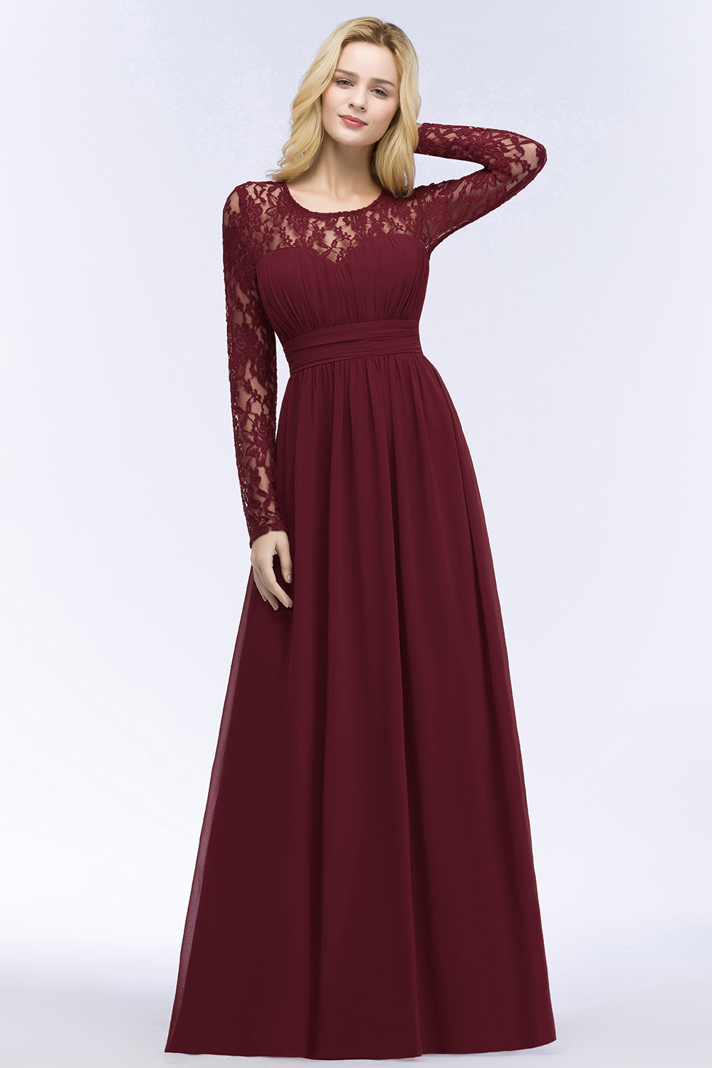 ROSALIE | A-line Floor Length Long Sleeves Lace Chiffon Bridesmaid Dresses-newarrivaldress