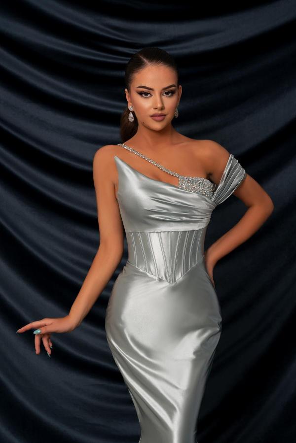 Asymmetric Ruched Satin Mermaid Prom Dress Silver Slim Long Evening Dress with Beadings-newarrivaldress