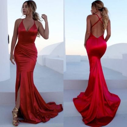 V-neck Spaghetti Sleeveless Sexy Mermaid Front Slit Prom Dresses-newarrivaldress