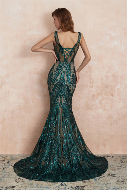 Stunning V-neck Slim Mermaid Prom Dress Sleeveless Glitter Evening Gown-newarrivaldress